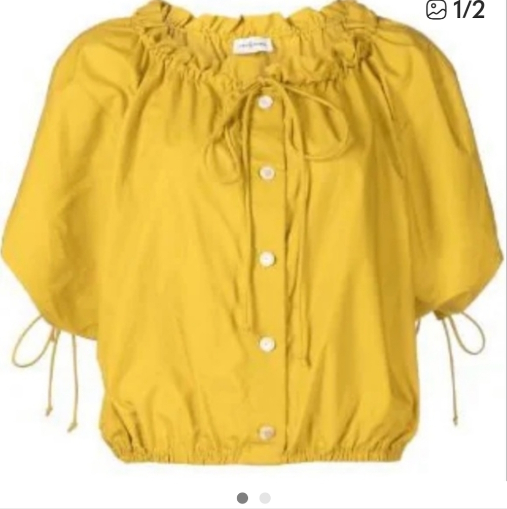 Tory Burch Tie Front Poplin Short Sleeve Blouse Top Mustard Size 8